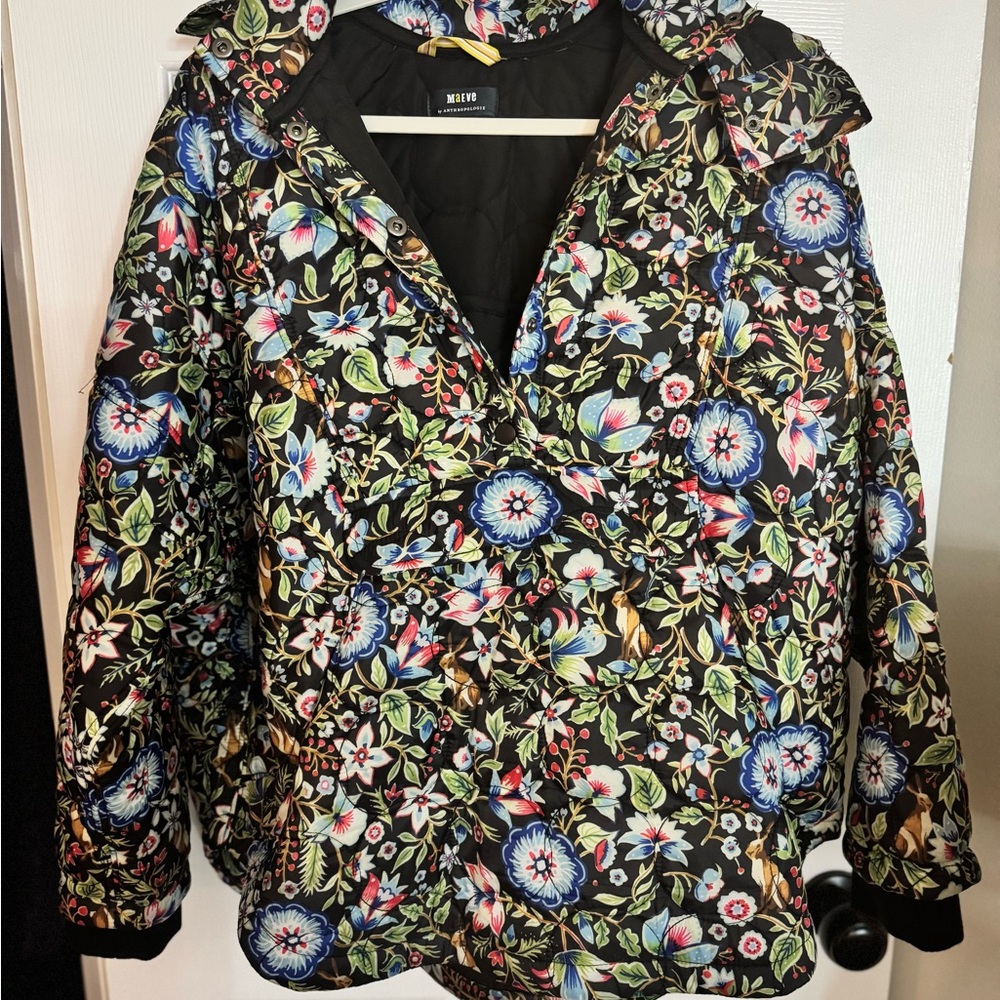 Anthropologie Black Puffer Jacket with Floral Design